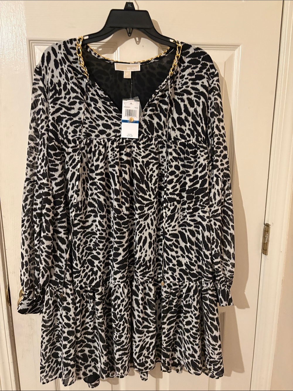 Michael Kors Black and White Animal Print Long Sleeve Dress